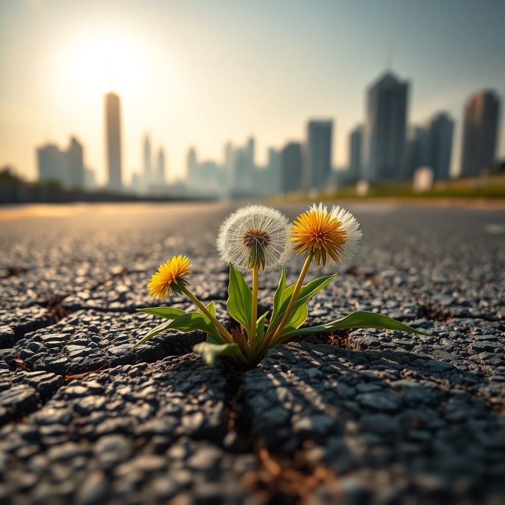 Realistic Close-Up of a Dandelion Breaking Through Asphalt
