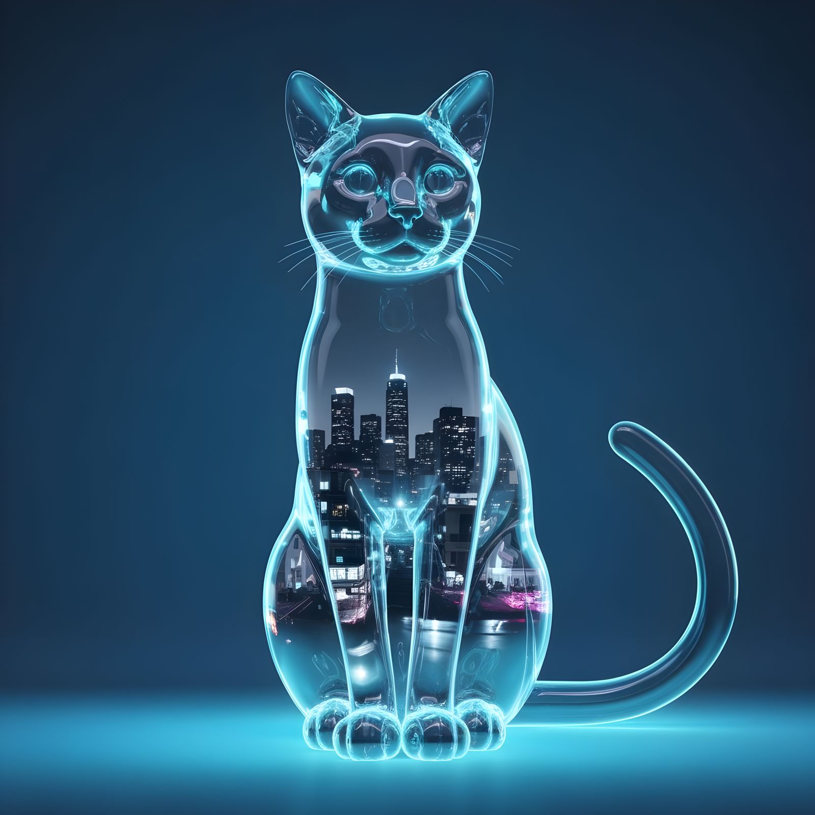Glass Cat of Light with Neon Cityscape Inside