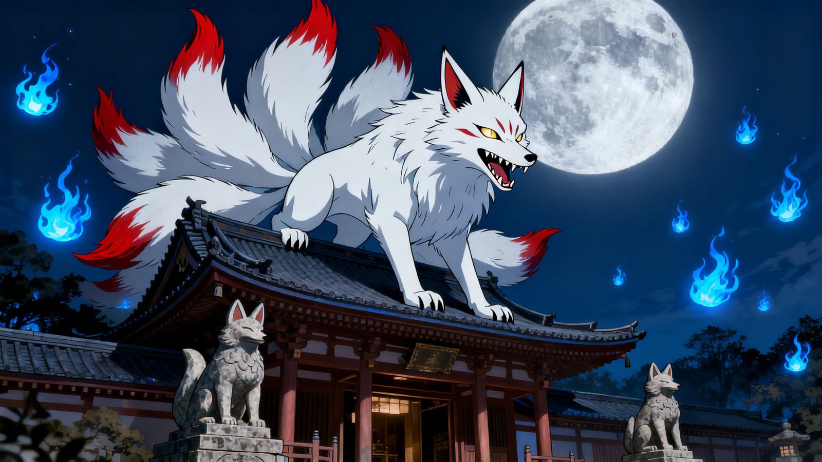 Fierce White Kitsune with Blue Flames on Japanese Temple