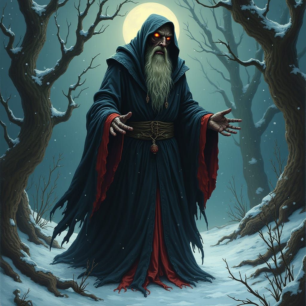 Dark Christmas Sorceress in Snowy Moonlit Forest