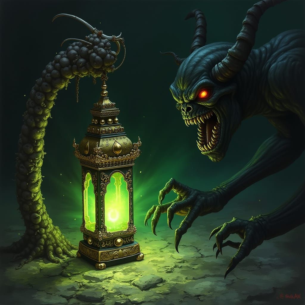 Gothic Lantern Traps Demon in Green Light