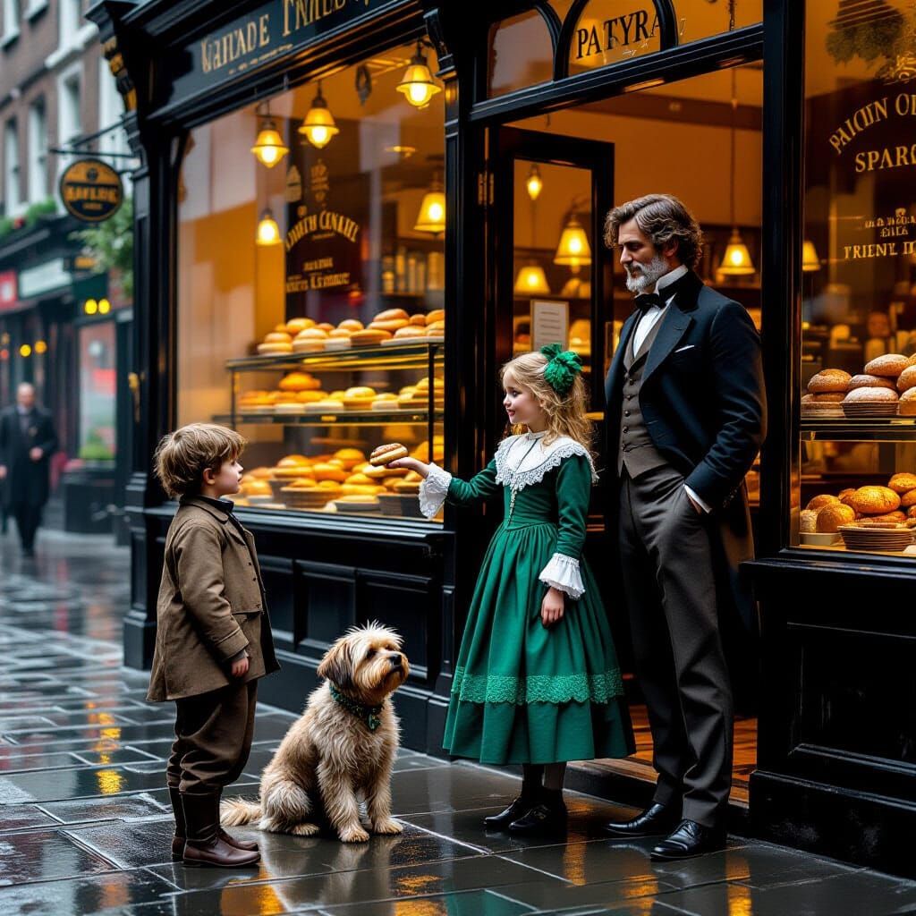 Victorian London Boy Receives Pastry from Girl