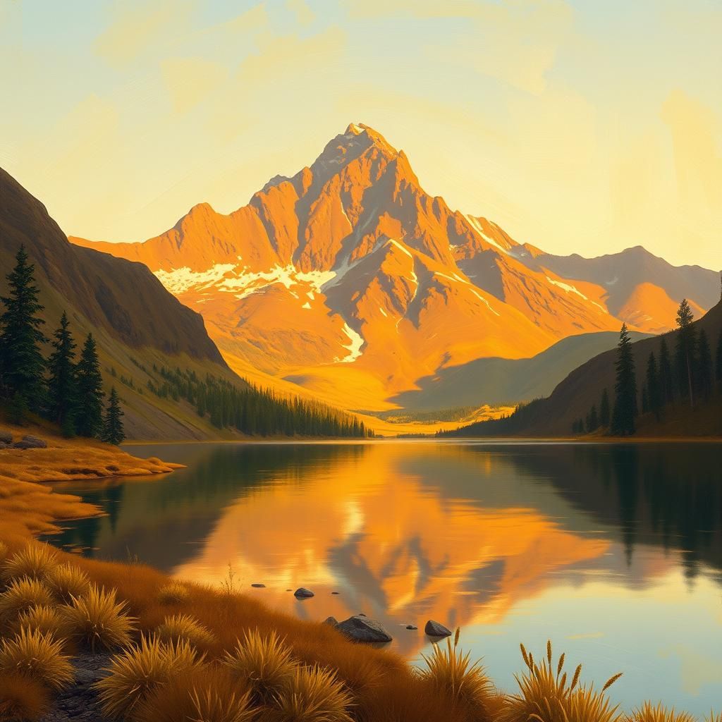 Mountain Lake Sunset: Classic Landscape Painting