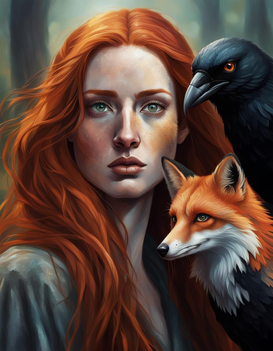 Red-Haired Woman with Fox and Crow, Hyperrealistic Art