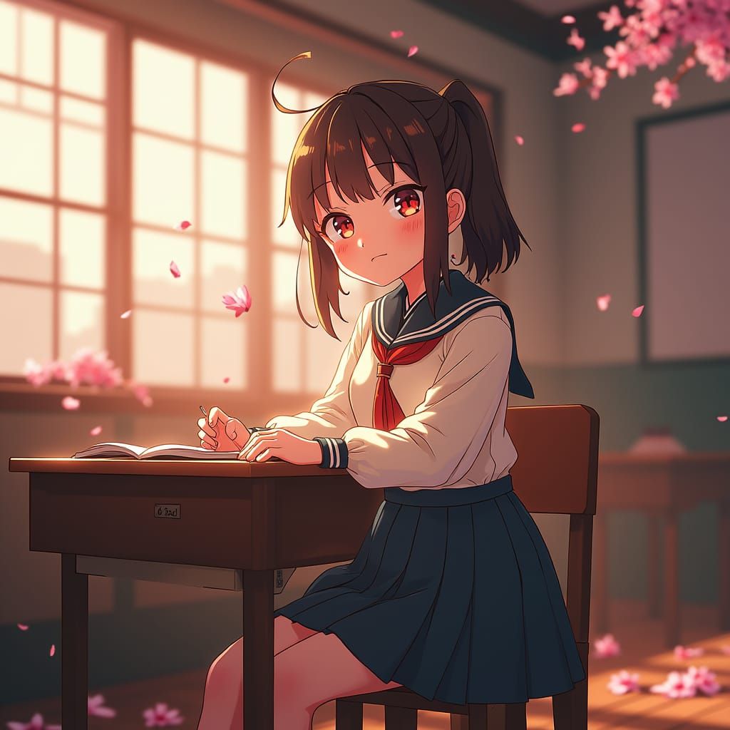 Anime Girl in Classroom Bathed in Spring Light