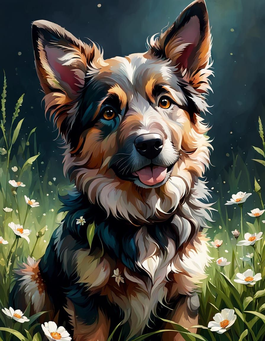Adorable Bohemian Shepherd Puppy in Spring, Digital Art