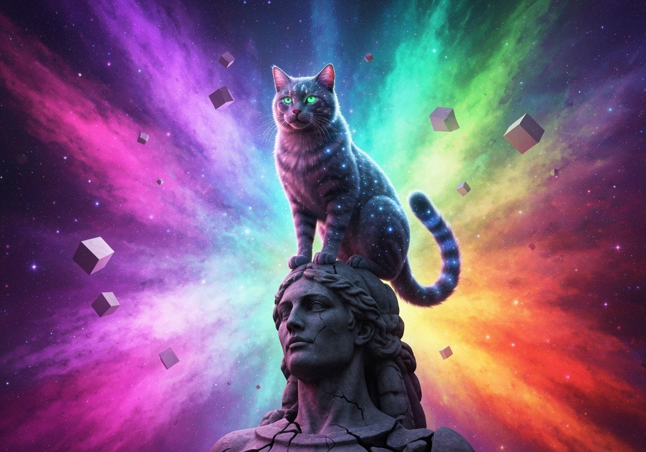 Majestic Cat on Ancient Statue Amid Cosmic Nebula