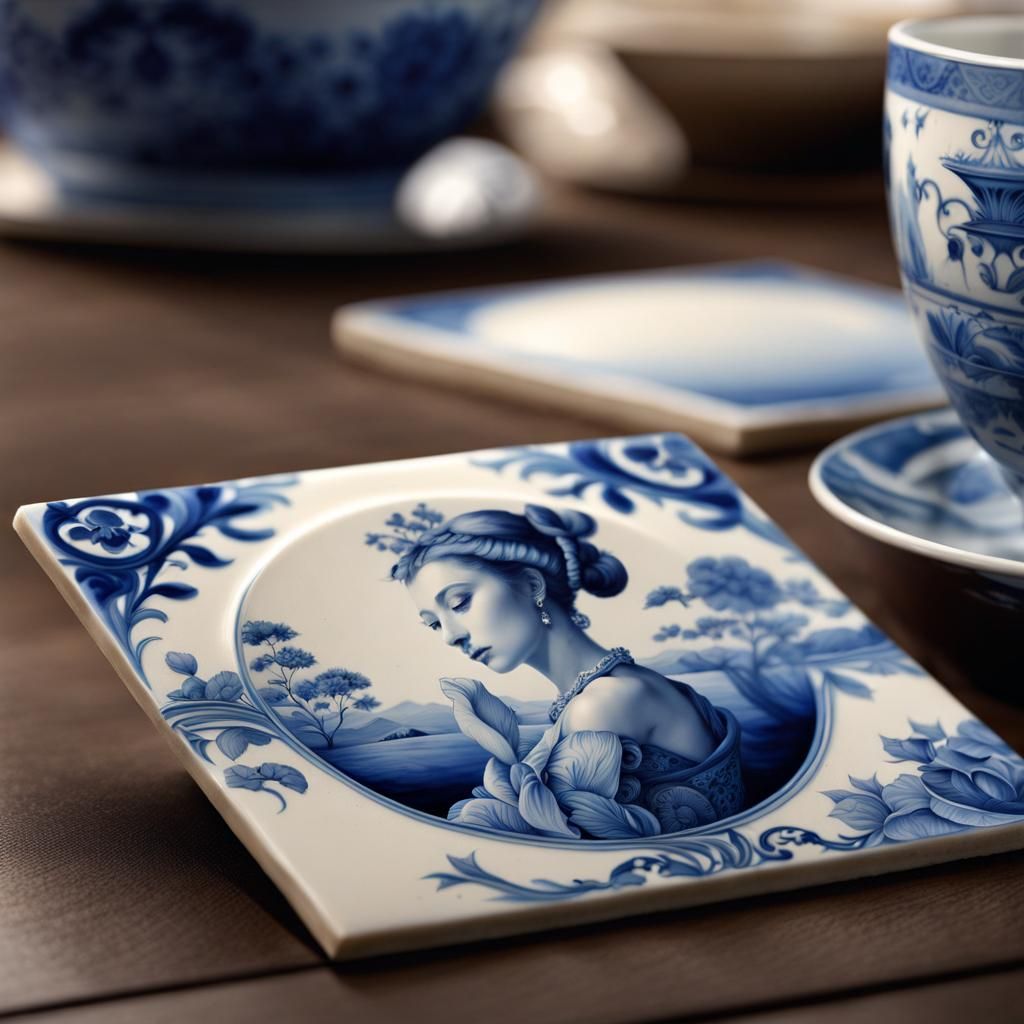 Intricate Blue Drawings on Delftware Tiles