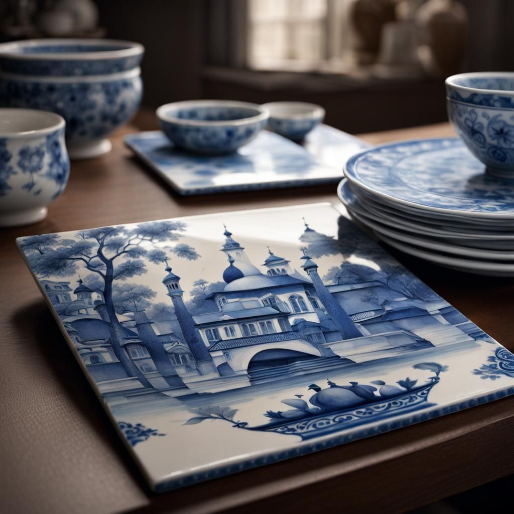 Intricate Delftware Tiles with Blue Drawings