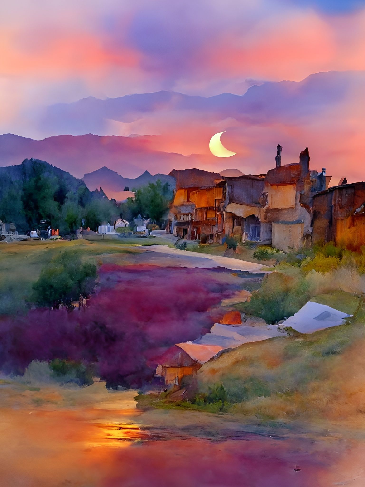 Meadow Village at Dusk: A Watercolor Illustration