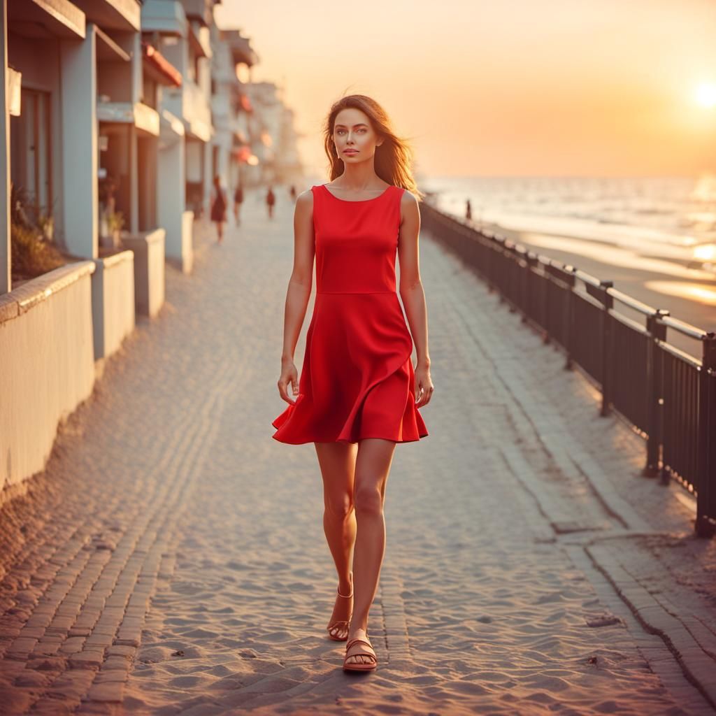 Woman in Red Dress on Beach at Sunset
