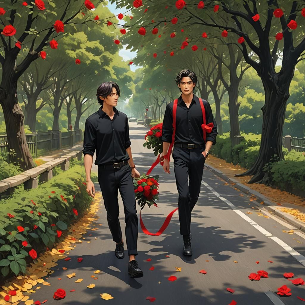 Ghibli Style: Man with Roses by Road