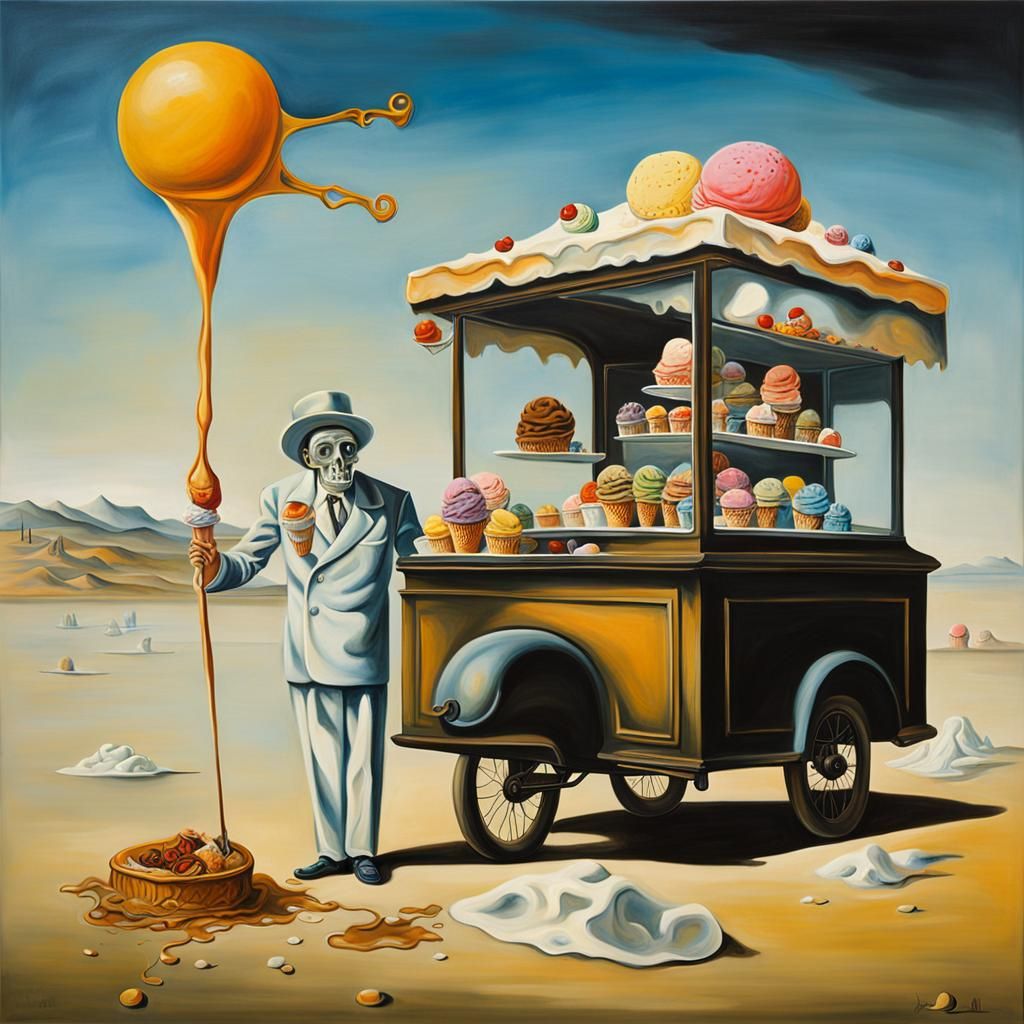 Death as Happy Ice Cream Vendor, Surrealist Oil
