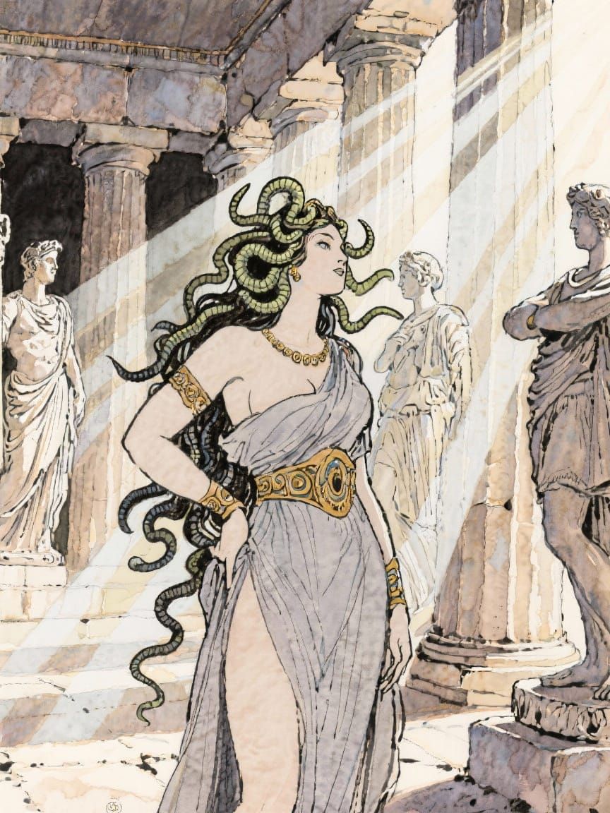Medusa as Greek Goddess in Watercolor Style