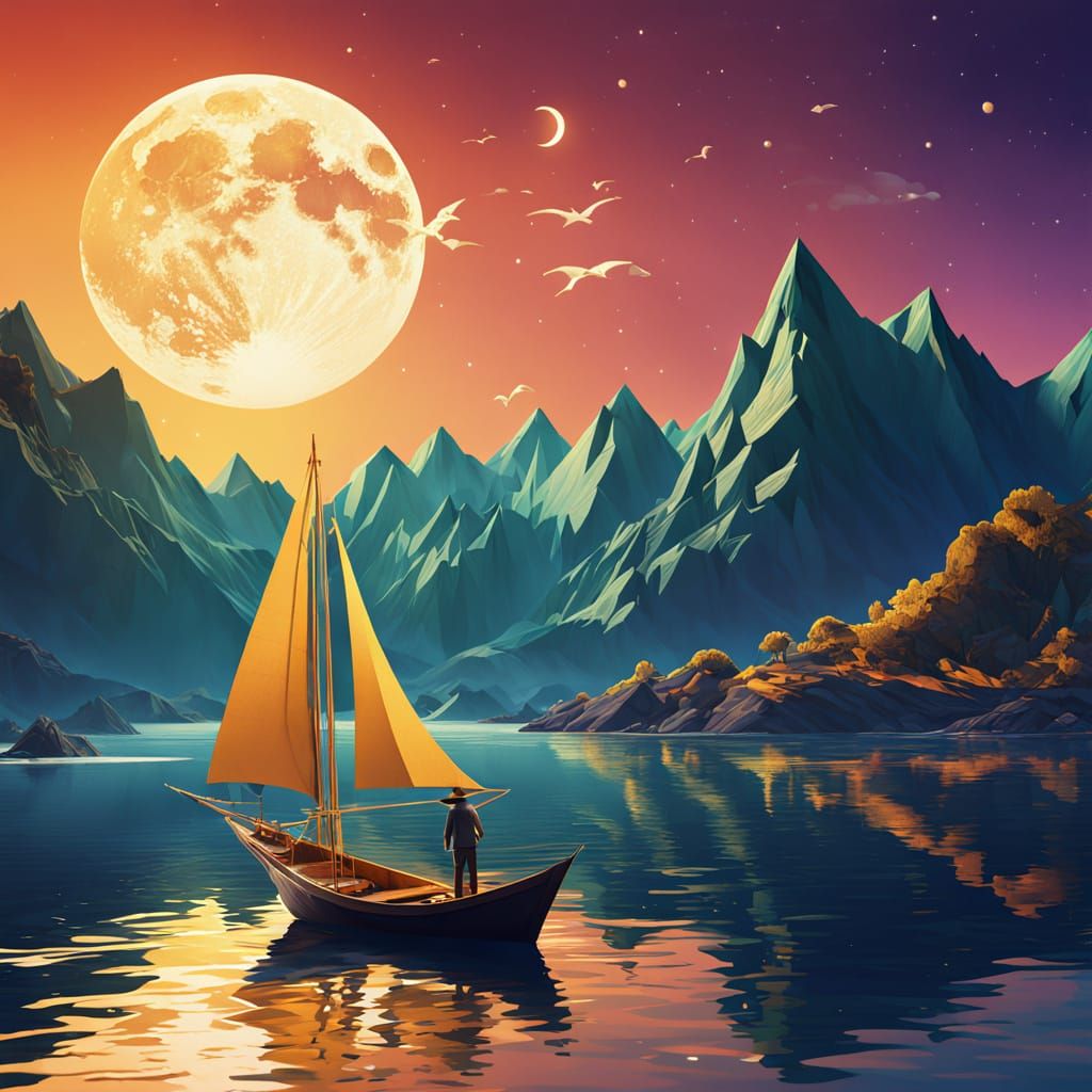 Peaceful Origami Sailor on Starry Lake in Papercraft Style