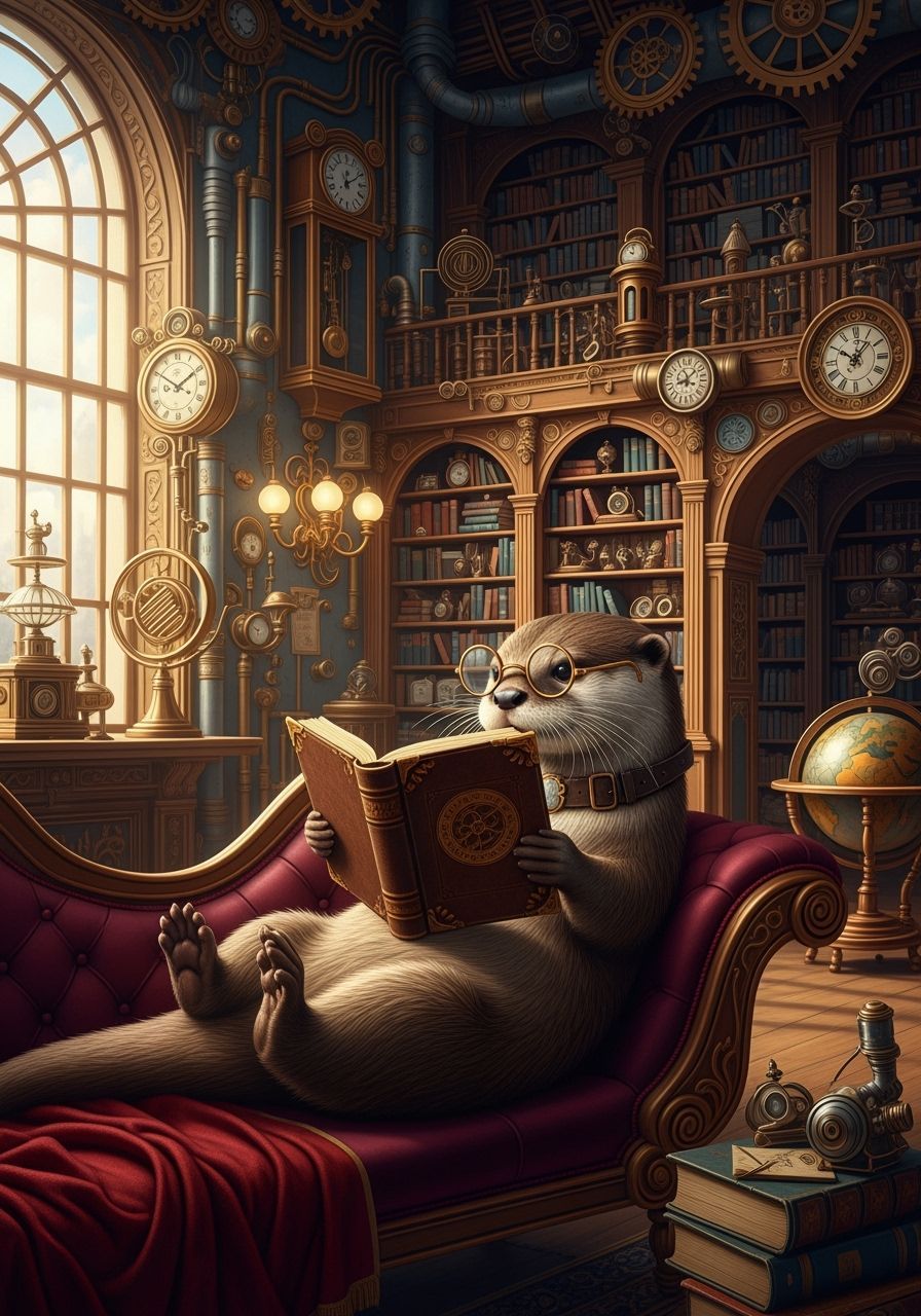 Steampunk Otter Reader in Lavish Library