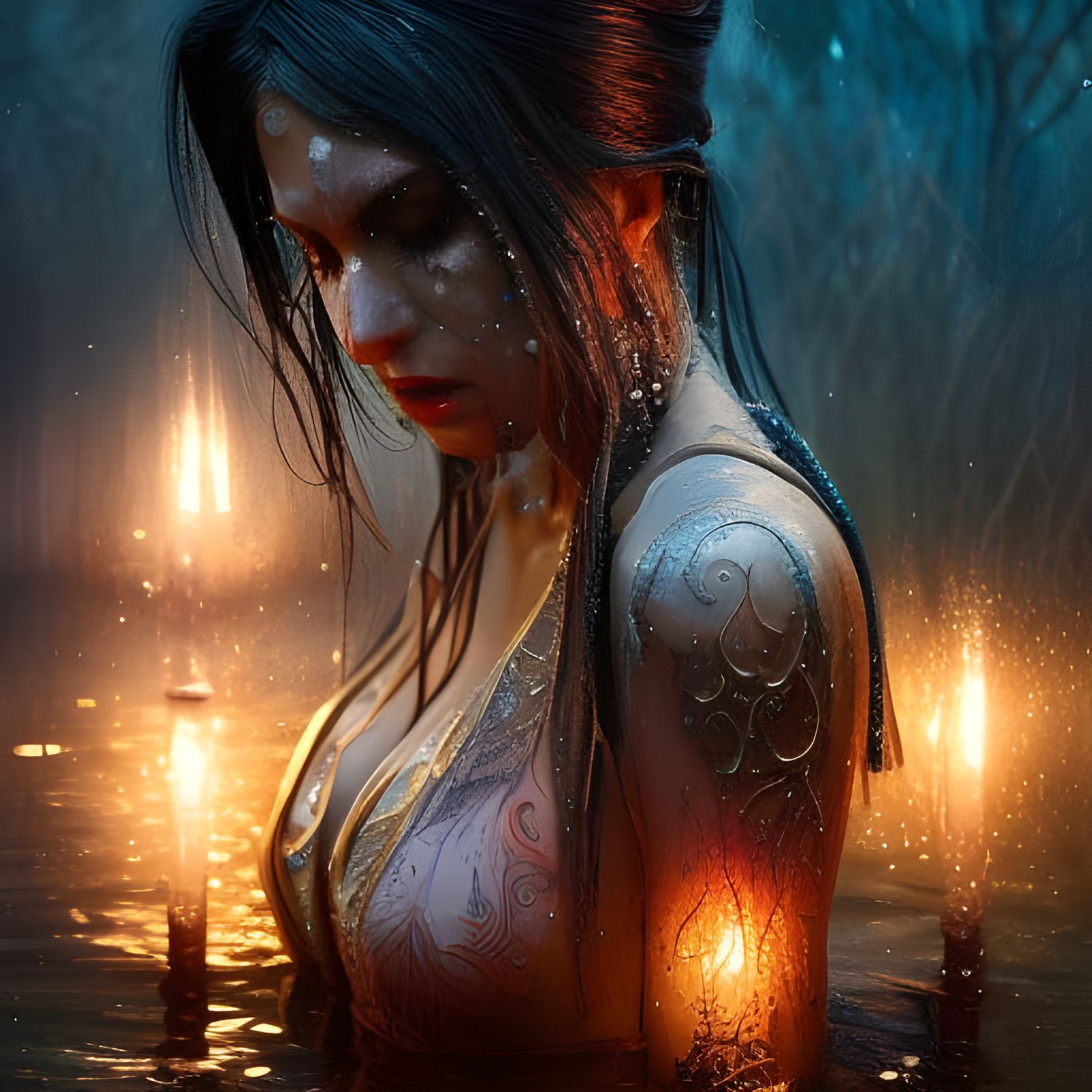 Elaborate Melting Woman Portrait in Water, Digital Art