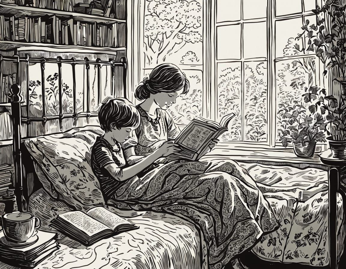 Mother Reads Bedtime Story in Whimsical Linocut Style