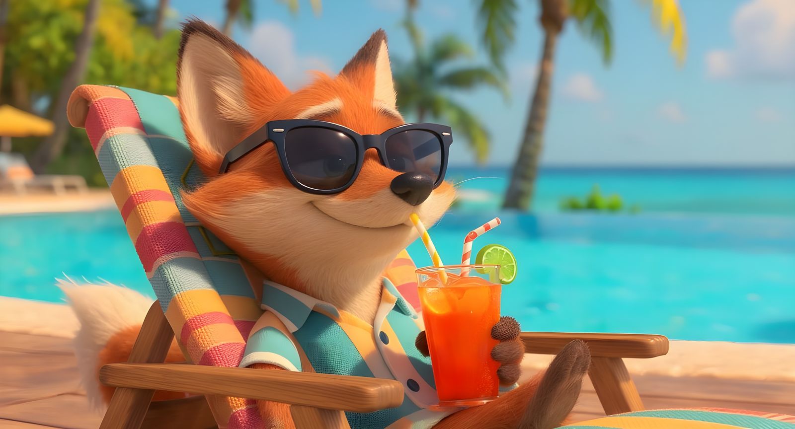 Fox Sipping Iced Tea: Pixar-Style 3D Animation