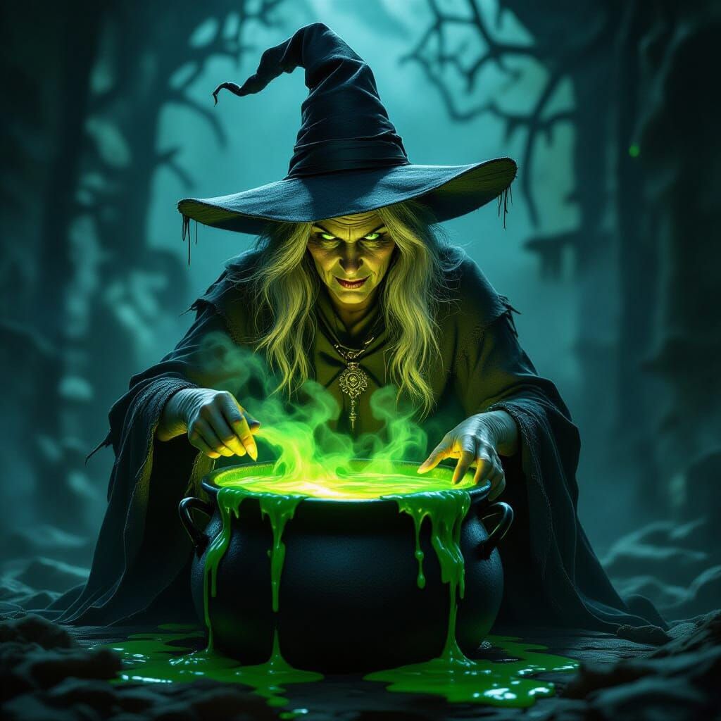 Witch Brews Green Potion in Dark Fantasy Illustration