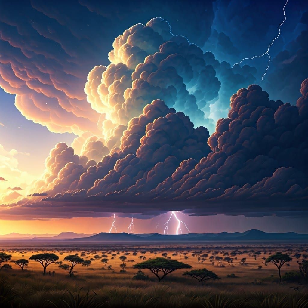 Surreal Storm Unfolds Over African Plains in Cyberpunk Fanta...