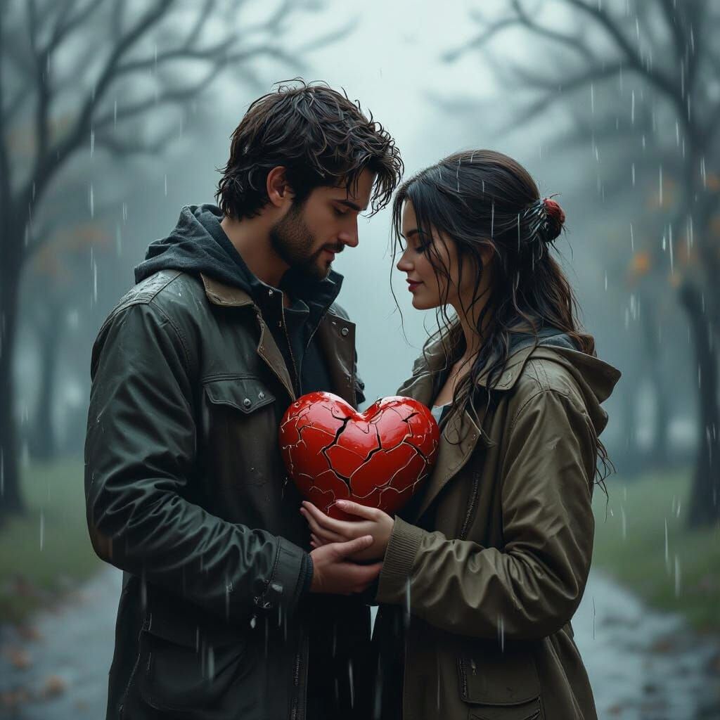 Couple in Rainy Park with Broken Heart