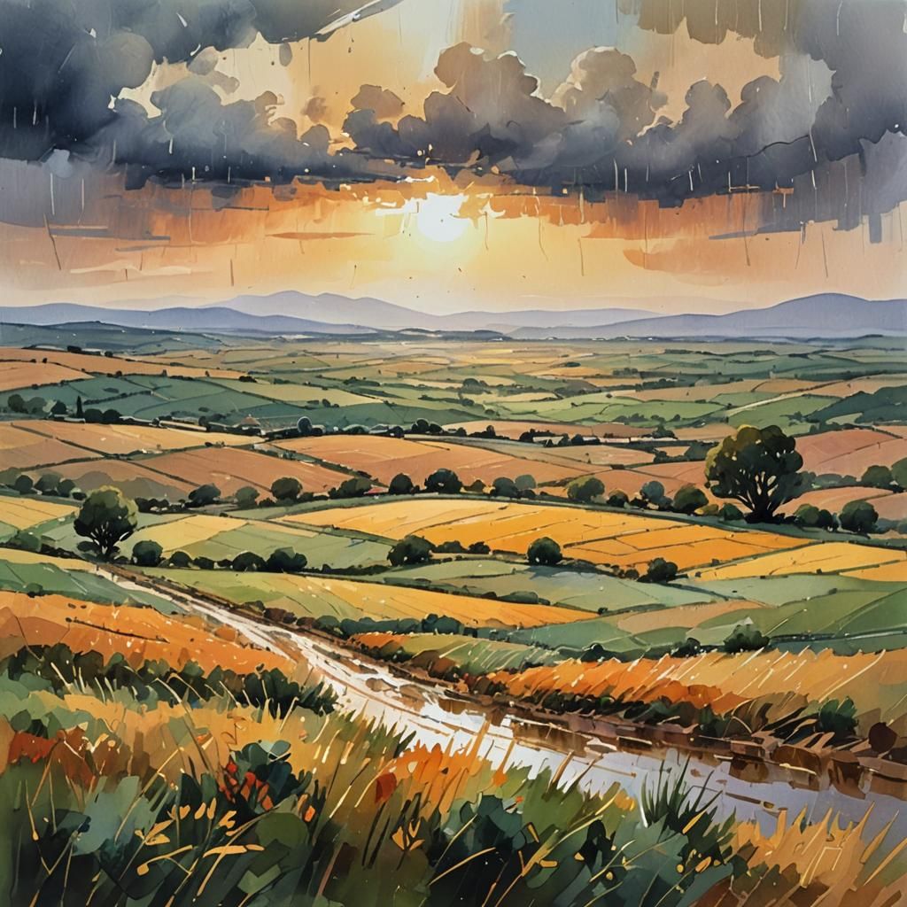 Rainy Spanish Plain: Impressionist Gouache Landscape