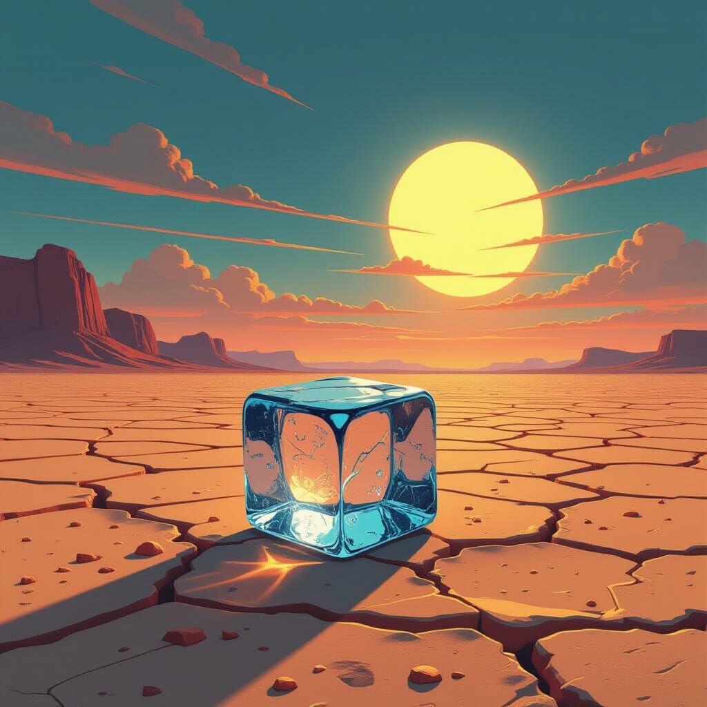 Ancient Ice Cube on Desert Under Double Sunset