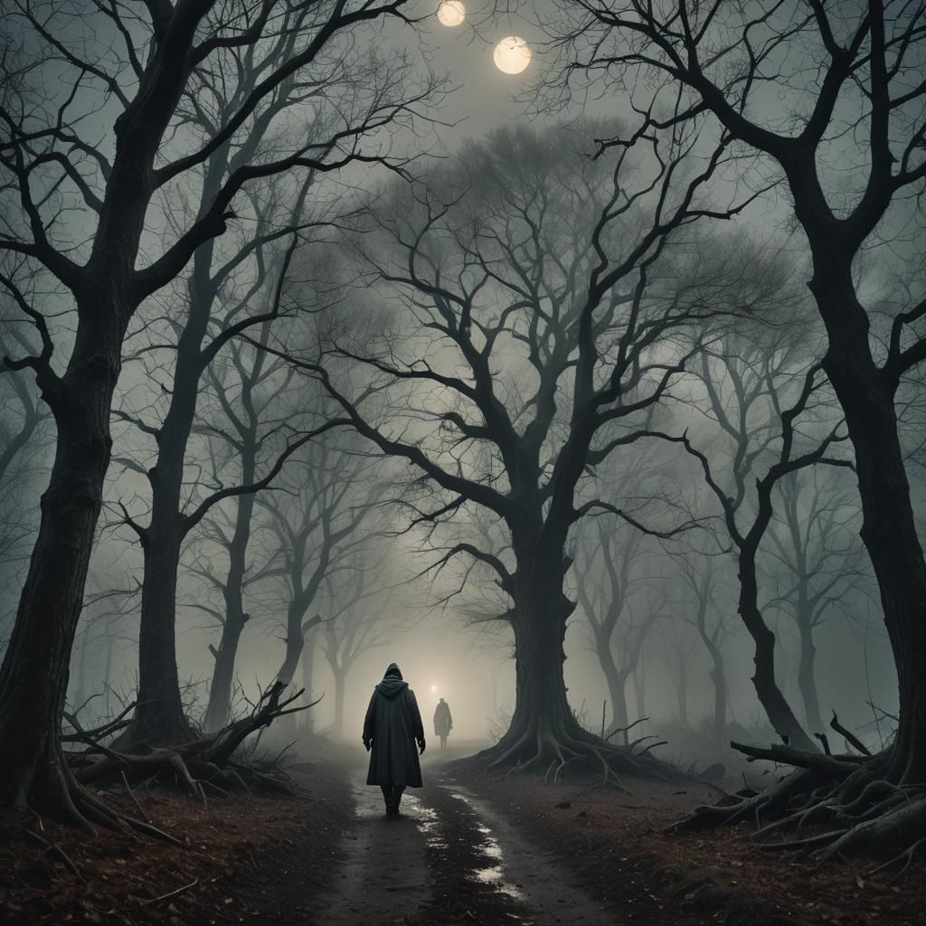 Sinister Figure Hiding in Dark Dystopian Woods