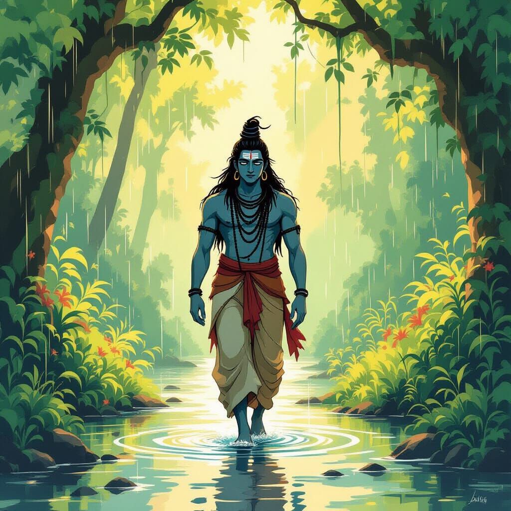 Lord Shiva in Monsoon Forest, Ghibli-Inspired