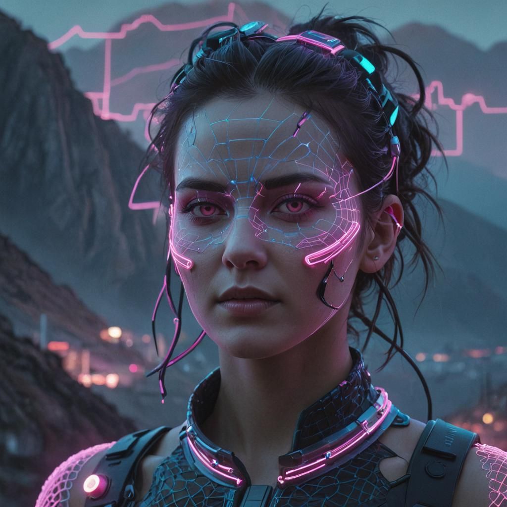 Neon Cyberpunk Portrait with Mountain Landscape