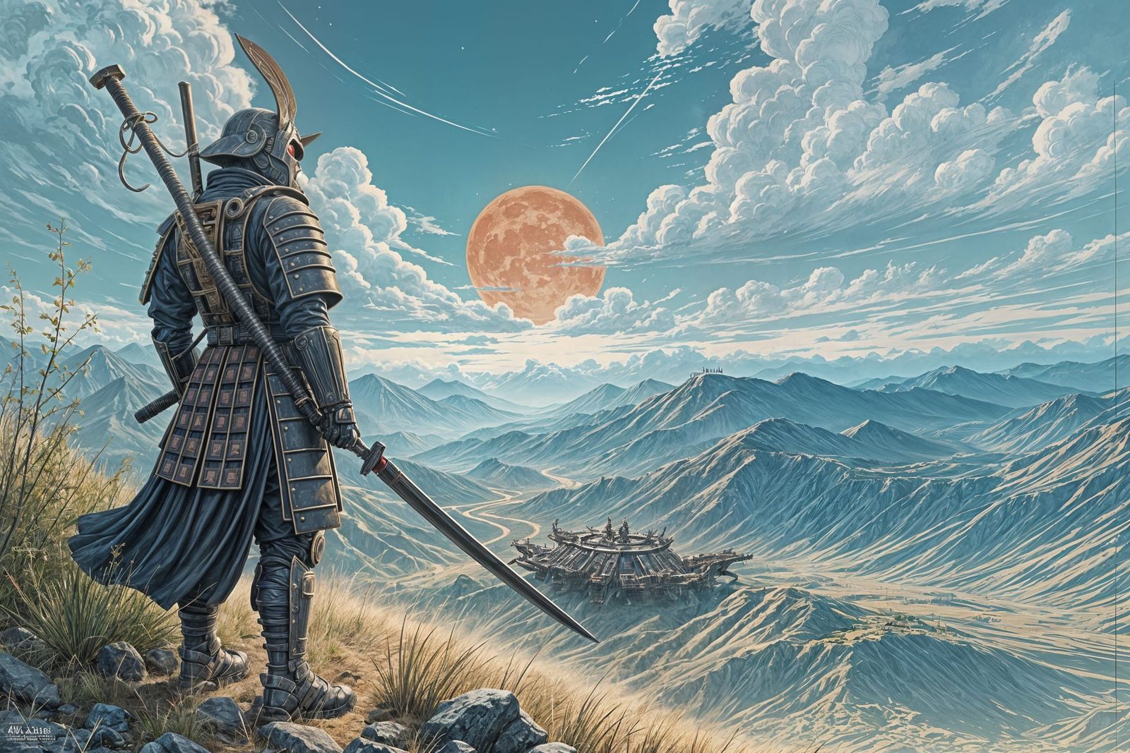 Space Samurai Overlooking Enemy Army in Philippe Druillet St...