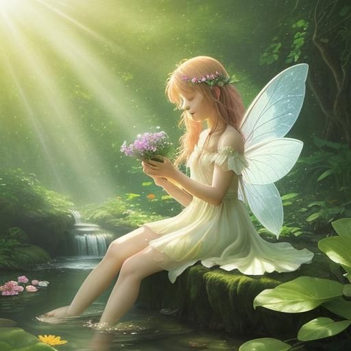 Beautiful Fairy in a Sunlit Fantasy Landscape
