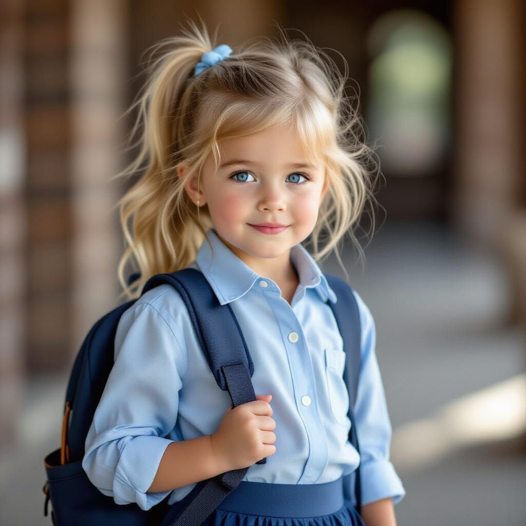 Young Girl in School Uniform with Backpack