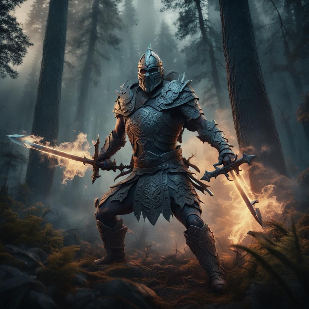 Giant Warrior with Smoke Daggers in Dark Forest