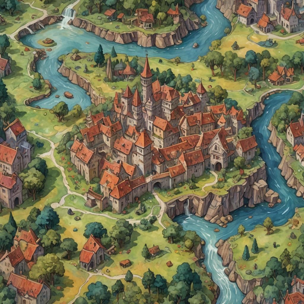 Gouache Style RPG Map, Watercolor Impressionist Painting