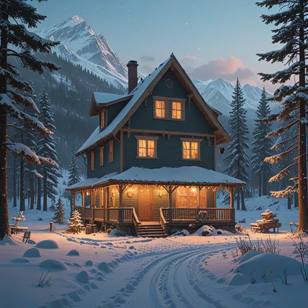Serene Winter Wonderland Scene in a Cozy, Snow-Covered House
