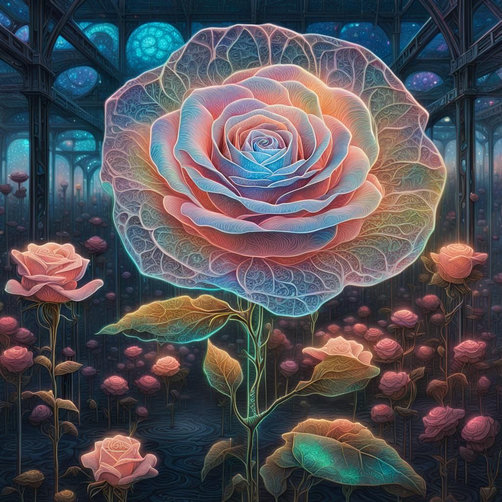 Cybernetic Garden Blooms in Luminous Greenhouse