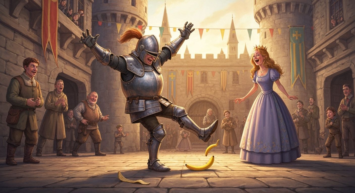 Clumsy Knight Slips on Banana Peel, Amusing Princess