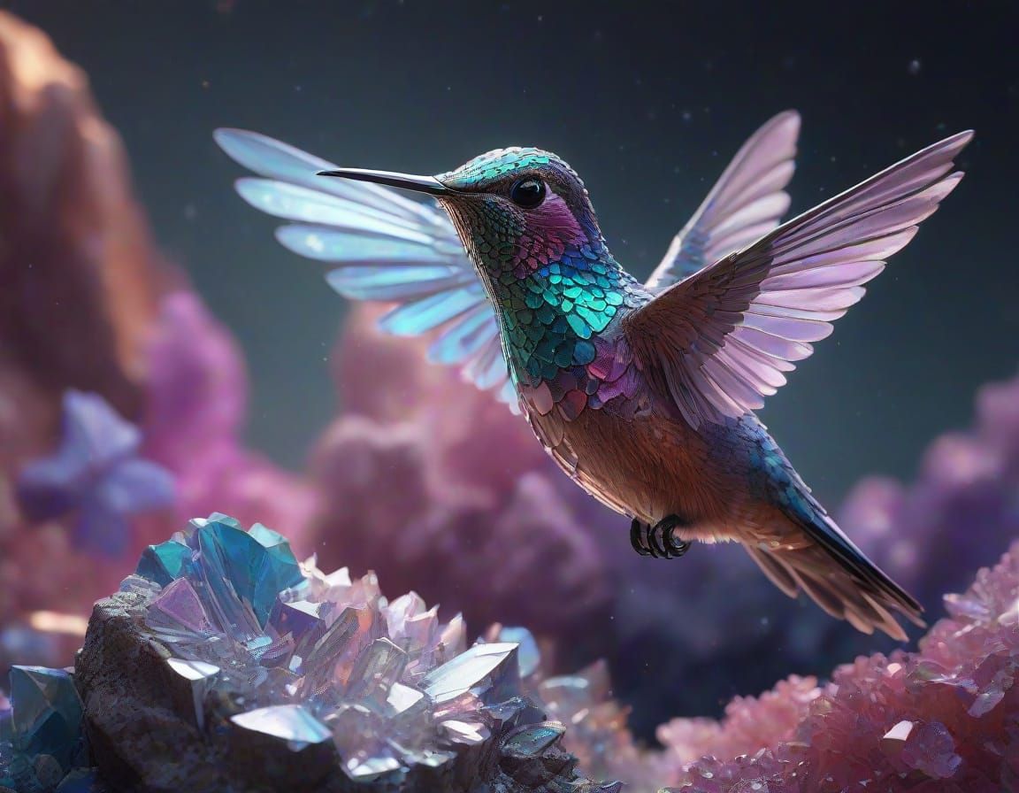 Iridescent Crystal Hummingbird on Geode