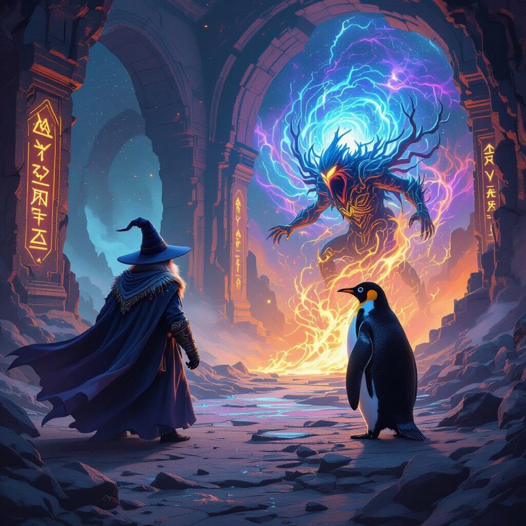 Wizard and Penguin Dragon Battle Alien Oracle Cosmic Art