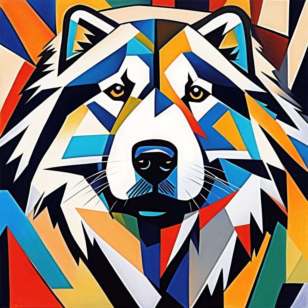 Cubist Alaskan Malamute in Geometric Art Deco Setting