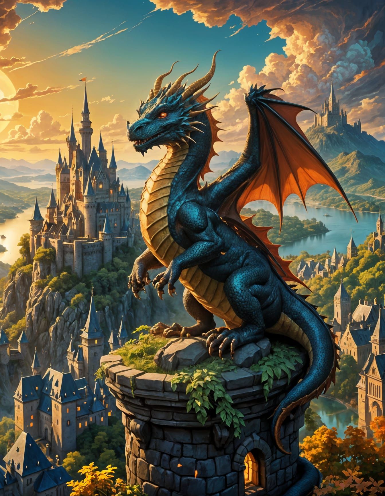 Dragon on Castle Ledge in Hudson River Style