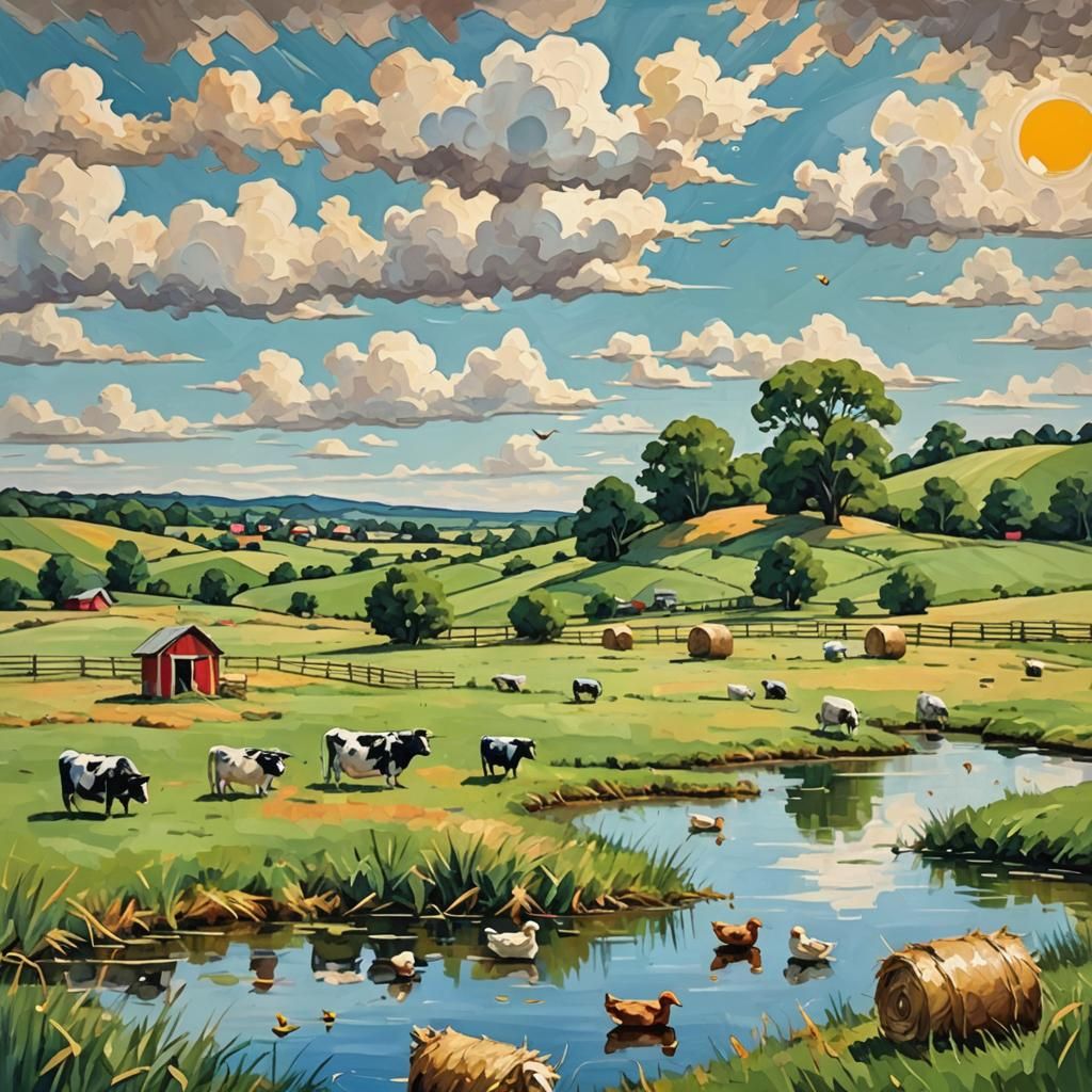 Whimsical Pasture with Colorful Cows in Abstract Art