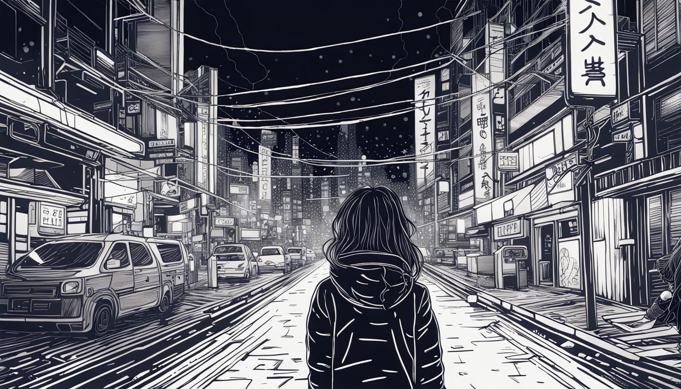 Monochromatic Line Art: Girl in Winter Tokyo