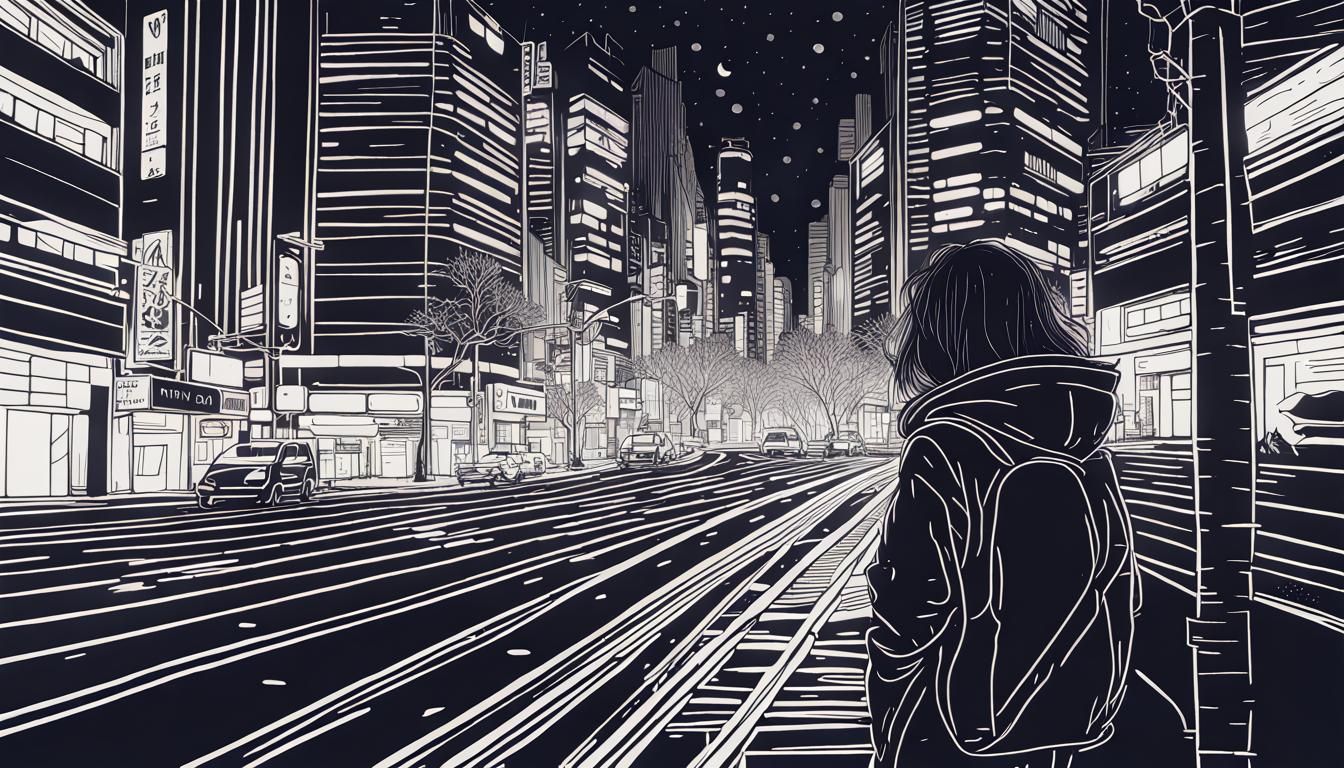 Chaotic Monochromatic Line Art of Girl in Tokyo