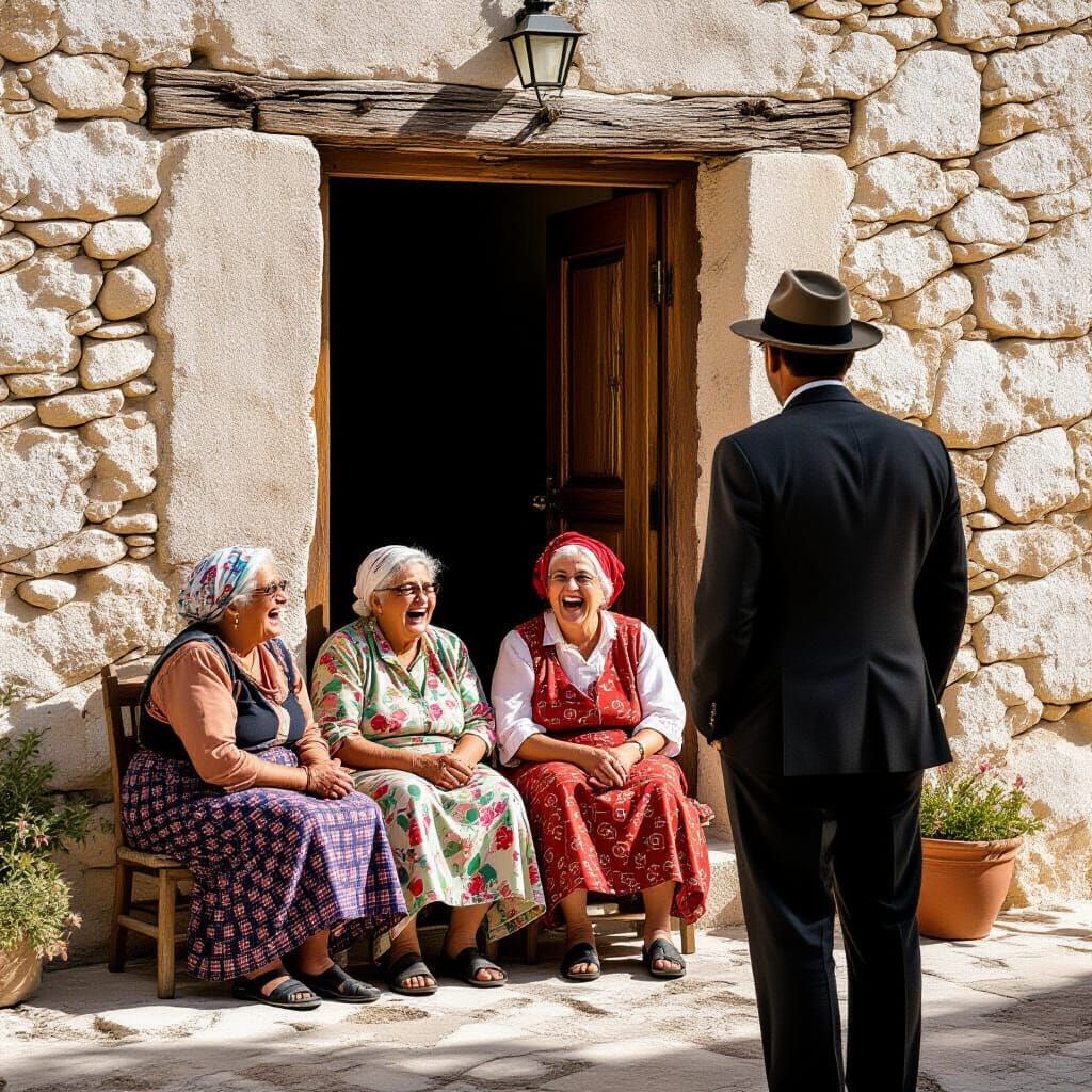Mediterranean Ladies Laughing in a Wes Anderson Film Still