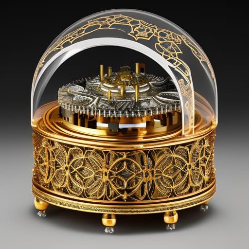 Ornate Glass Music Box with Mechanical Details