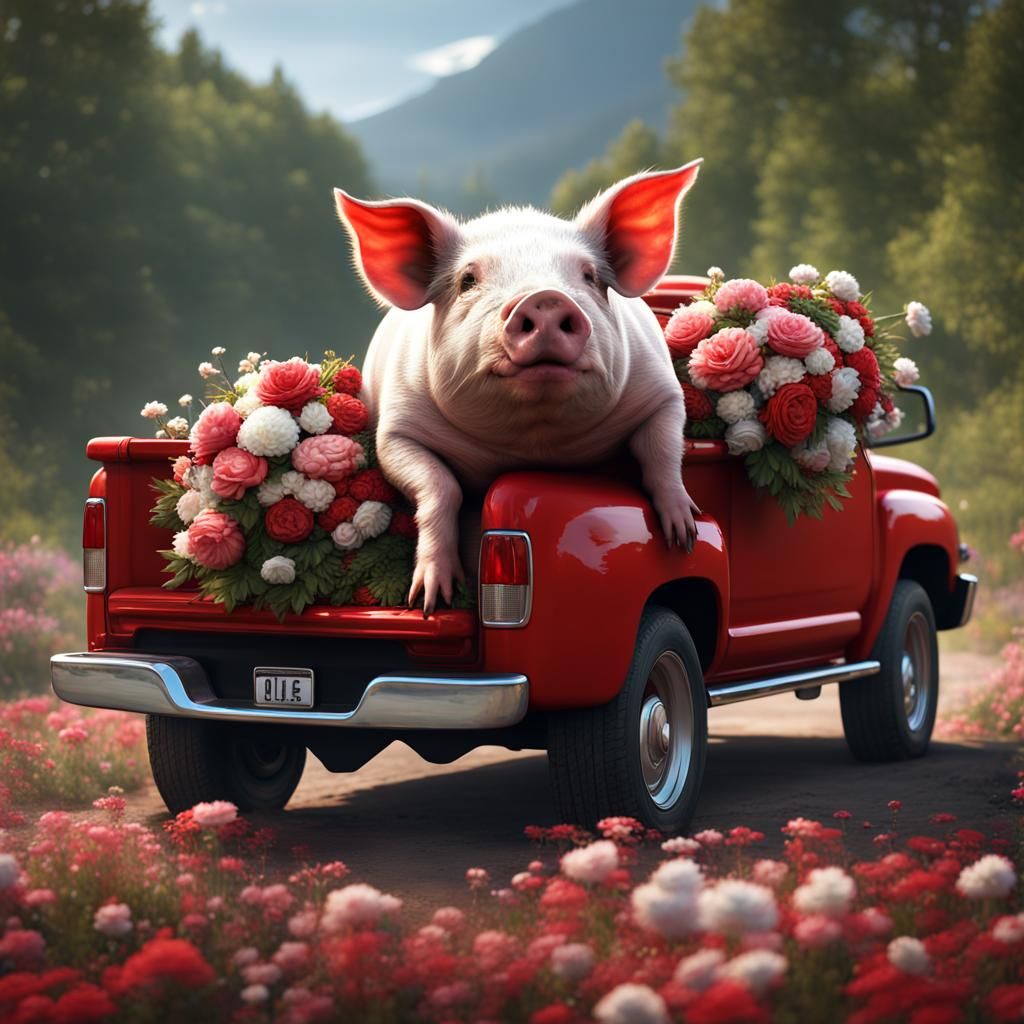 Pot-Bellied Pig in Red Truck with Flowers