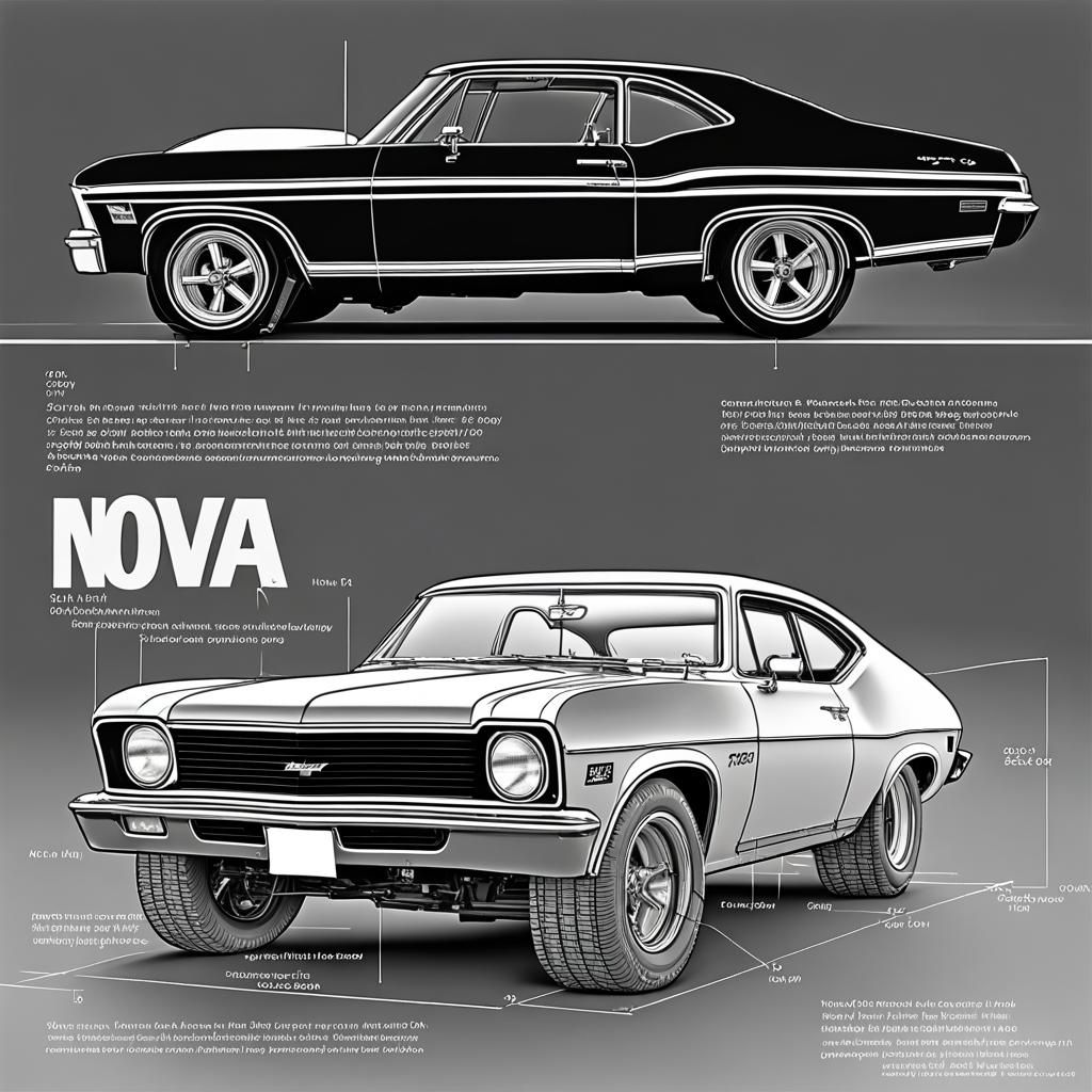 1973 Chevy Nova: Detailed Black and White Technical Drawing